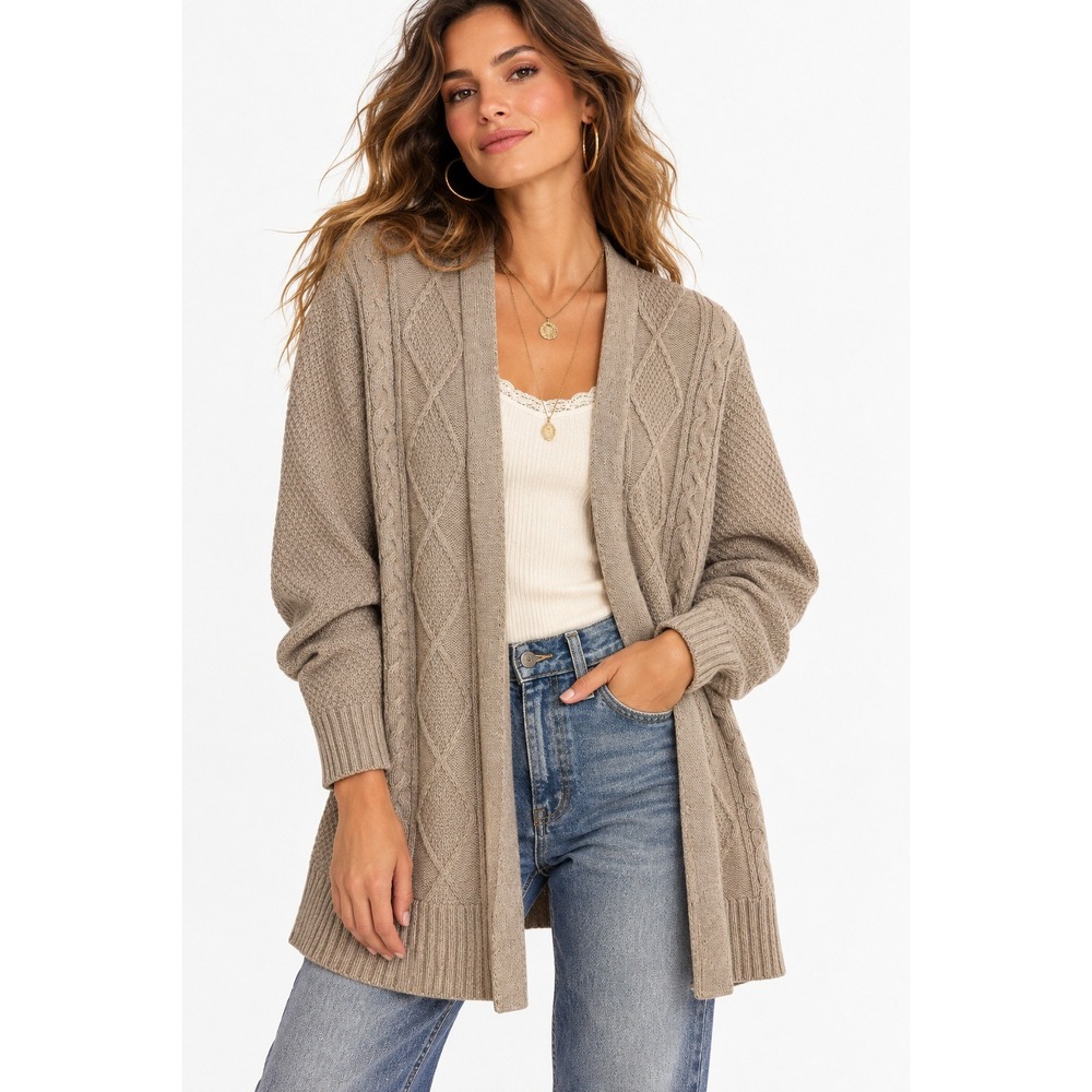 Market & Spruce Henry Cable Knit Cardigan Beige Open Front Sweater Womens XL NWT